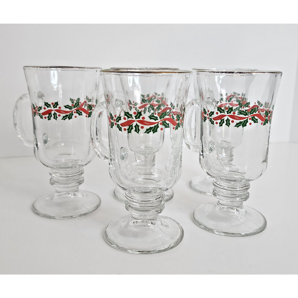 Vintage Libbey‎ Christmas Holly Berry 6" Irish Coffee Cups Gold Rim - Set of 5